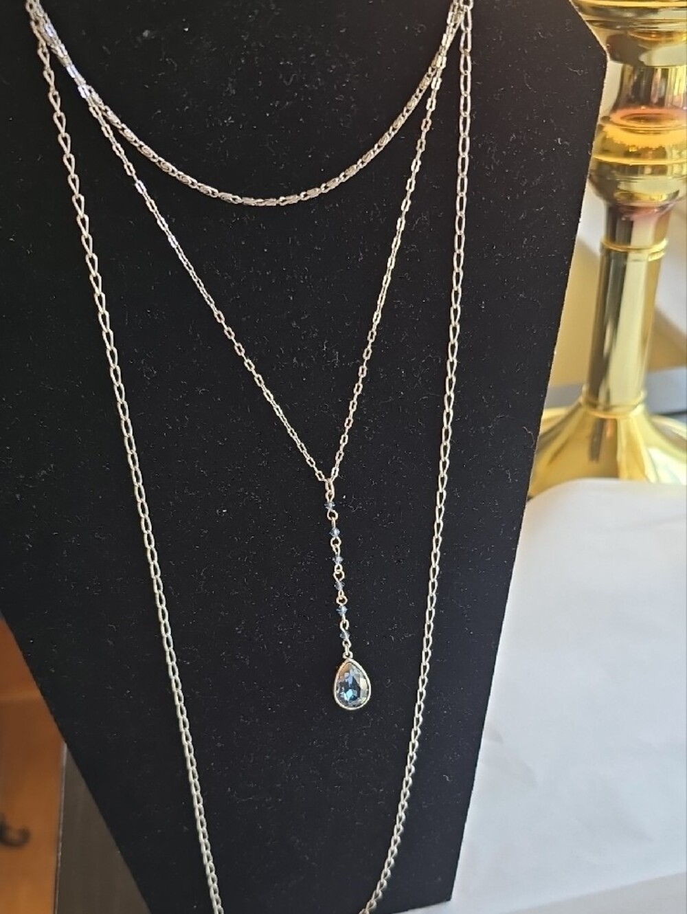 Delicate Silver Teardrop Layered Necklace with Swarovski Montana Crystal - Picture 2 of 3